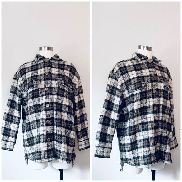Banana Republic Brown Tan Wool Plaid Jacket Shacket Black Long Small - Picture 1 of 8